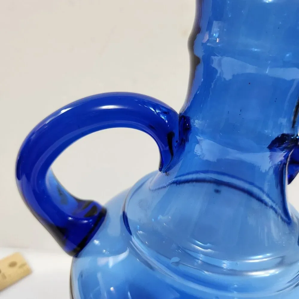 Vintage Cobalt Blue Hand Blown Vase Glass Applied Handles Made In Spain